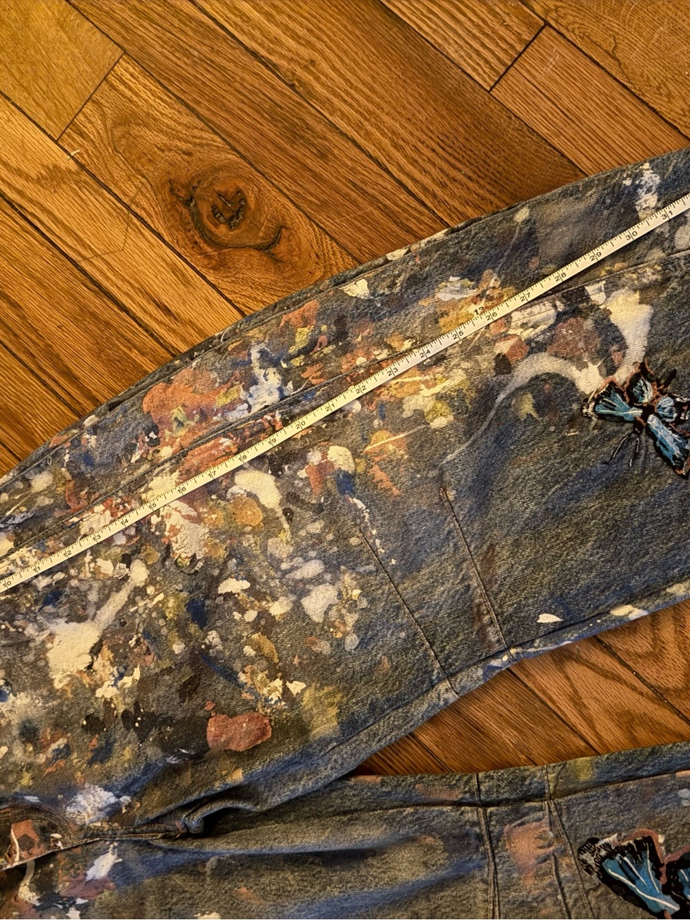 Free People Blue Paint-Splatter Wide-Leg Jeans with Butterfly Motif - Picture 14 of 15